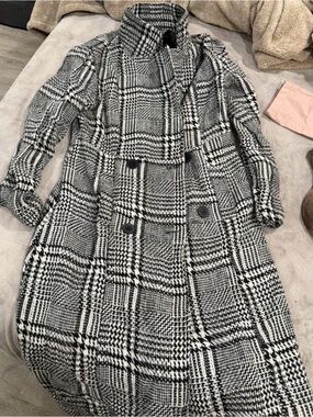 Black and White Plaid Double-Breasted Long Coat